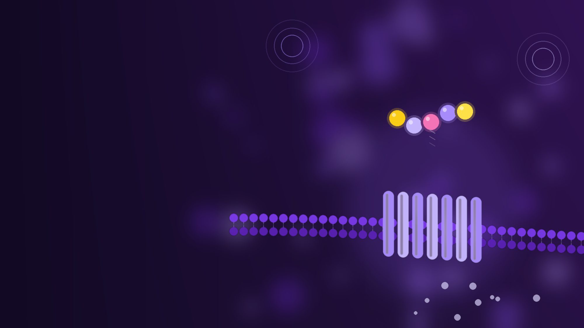 Violet illustration of a chain of five beads docking onto a receptor in a cell membrane